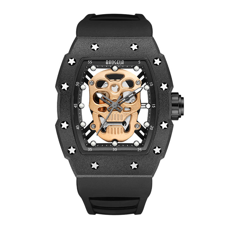 Baogela Skull Tonneau Watch Top Brand Quartz Ruostumattomasta teräksestä valmistetaan Vedenpitävä luova kello Silikoni -hihnan ranne Watch Rose 4141