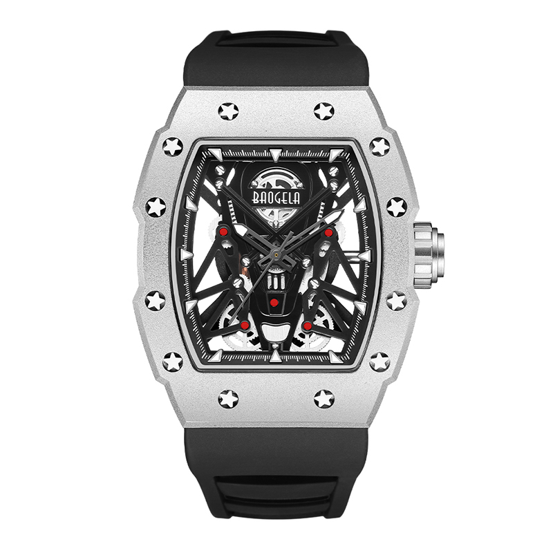 Baogela Silver Black Sport Quartz Watch for Men Tonneau Dial Analog Vedenpitävä rannekello silikonihihnalla Valaistus Hands 4145